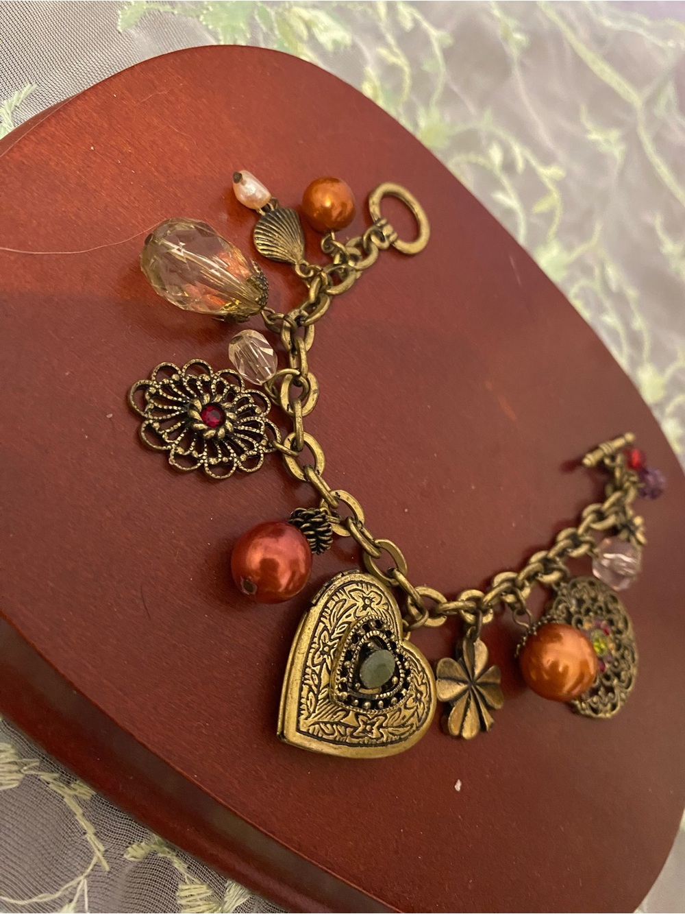 Victorian Revival Brass Functioning Heart Locket Floral Filigree Charm Bracelet